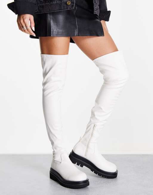 Bianco flat over knee boots in cream |