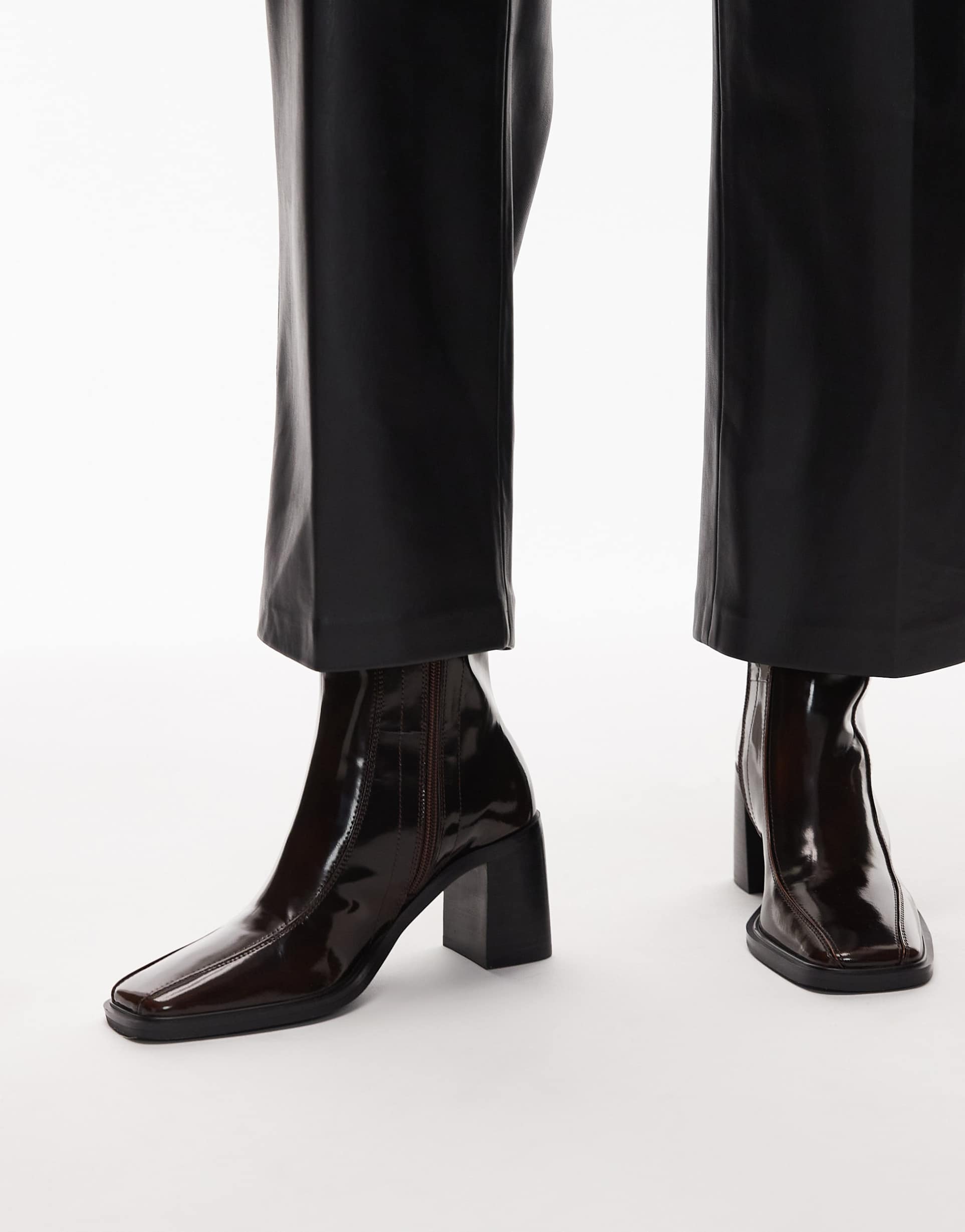 tony bianco dusty block heeled ankle boots in shiny brown