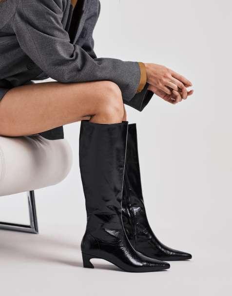 Tony Bianco Mango curved kitten heel knee boots in black crinkle - view 1
