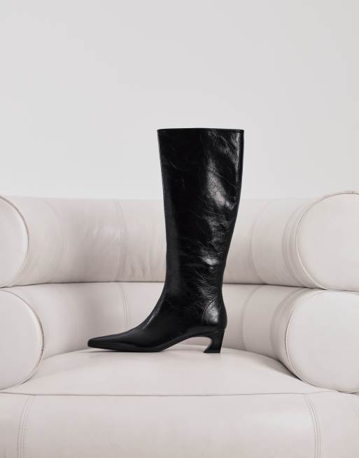Tony Bianco Mango curved kitten heel knee boots in black crinkle, 3 of 5