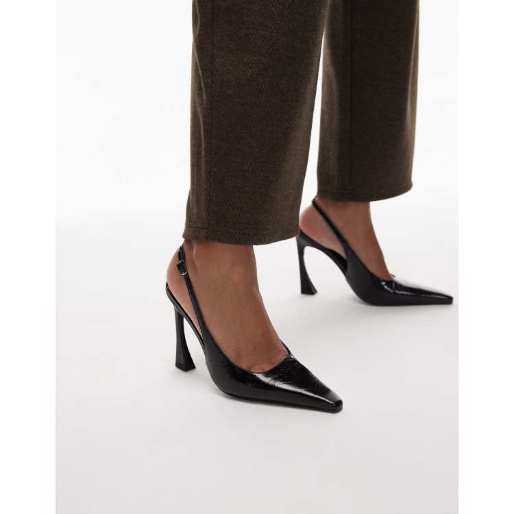 Tony Bianco Sassy curved heel slingback shoes in black crinkle | ASOS
