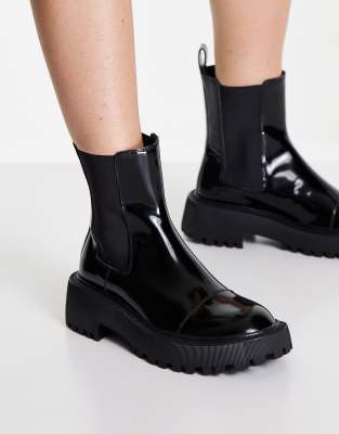  Savant leather chunky chelsea boots in blac hi shine