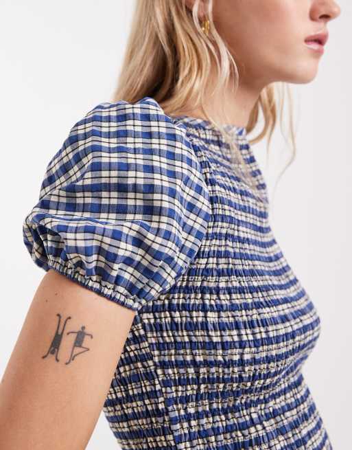 Top a cuadros azules fruncido con mangas abullonadas de ASOS DESIGN (parte de un conjunto), 3 de 4