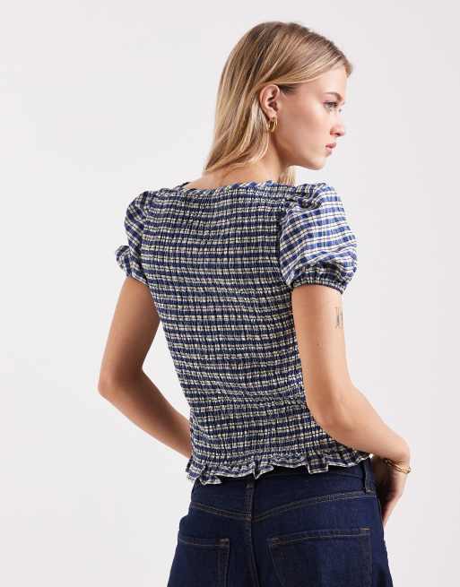 Top a cuadros azules fruncido con mangas abullonadas de ASOS DESIGN (parte de un conjunto), 4 de 4