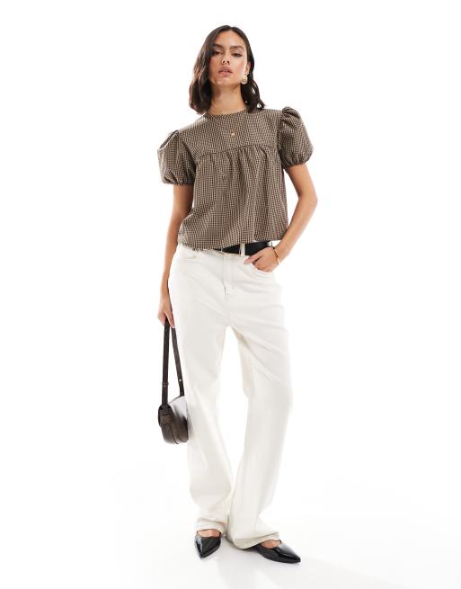 Top a cuadros estilo babydoll con mangas abullonadas y lazada en la espalda de ASOS DESIGN, 4 de 4