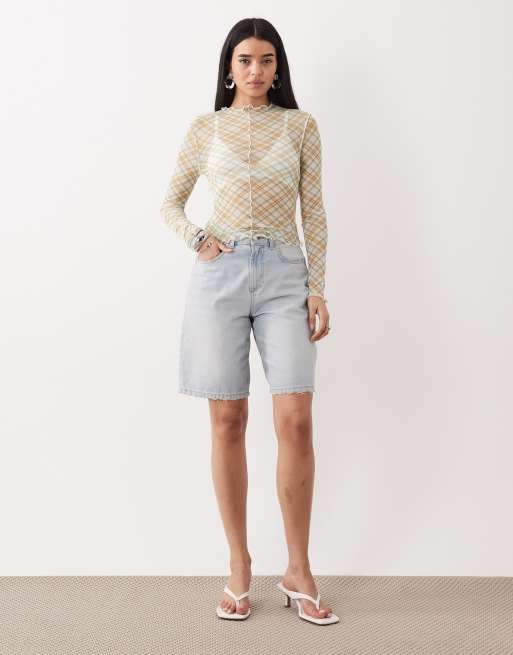 Top a cuadros verdes de manga larga con bordes ondulados de malla de ASOS DESIGN, 2 de 4