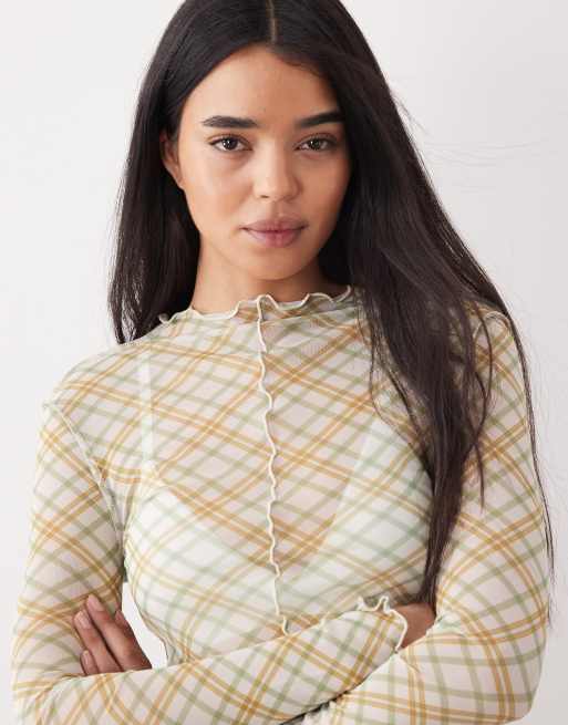Top a cuadros verdes de manga larga con bordes ondulados de malla de ASOS DESIGN, 3 de 4