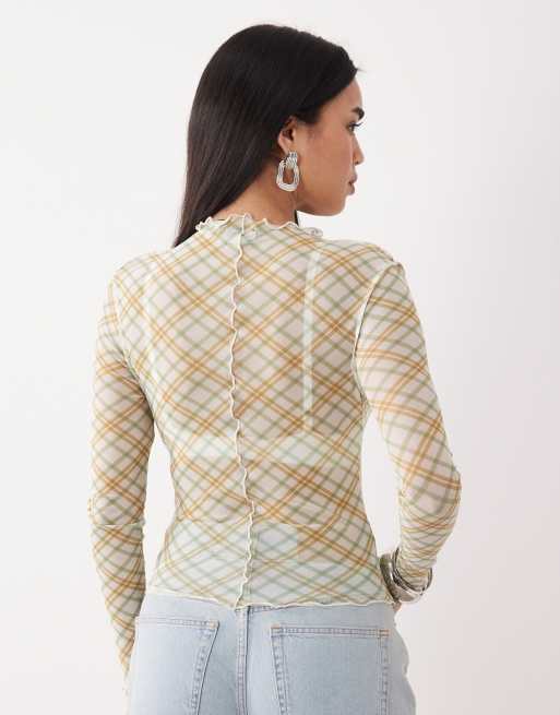 Top a cuadros verdes de manga larga con bordes ondulados de malla de ASOS DESIGN, 4 de 4