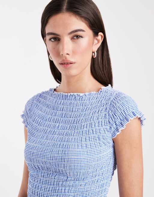 Top a cuadros vichy azules con mangas de casquillo y bajo de volantes de ONLY, 3 de 4