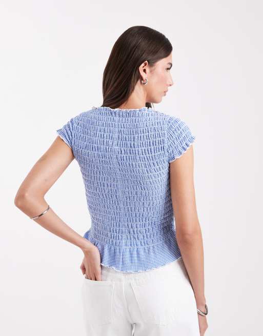 Top a cuadros vichy azules con mangas de casquillo y bajo de volantes de ONLY, 4 de 4