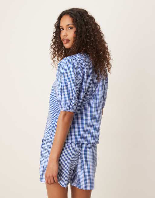 Top a cuadros vichy azules de manga corta con lazada delantera de popelina de VILA (parte de un conjunto), 3 de 4
