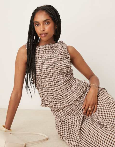 Top a cuadros vichy marrones fruncido sin mangas de ASOS DESIGN - view 1