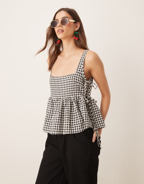 Top a cuadros vichy monocromáticos de tirantes de estilo babydoll con lazada lateral de ASOS DESIGN - view 1