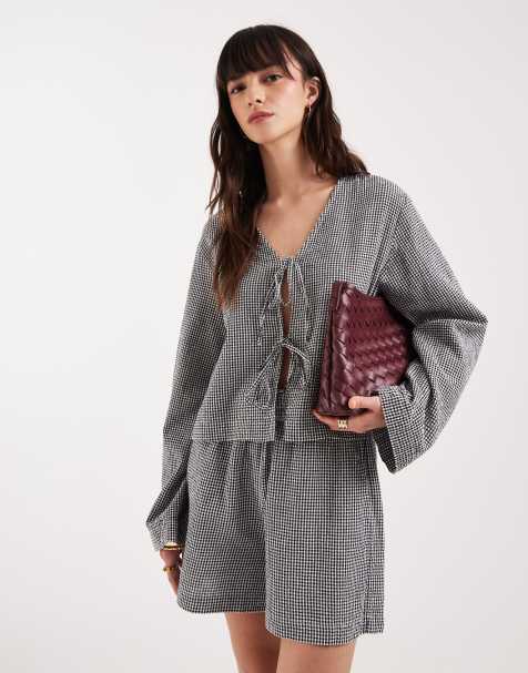 Top a cuadros vichy negros y blancos con lazadas delanteras de JJXX (parte de un conjunto) - view 1