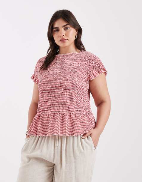 Top a cuadros vichy rojos con cuello barco y detalle fruncido de ONLY Curve - view 1