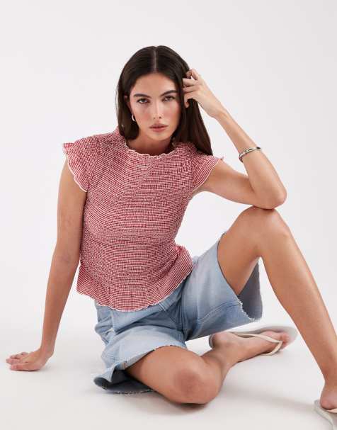 Top a cuadros vichy rojos con mangas de casquillo y bajo de volantes de ONLY - view 1