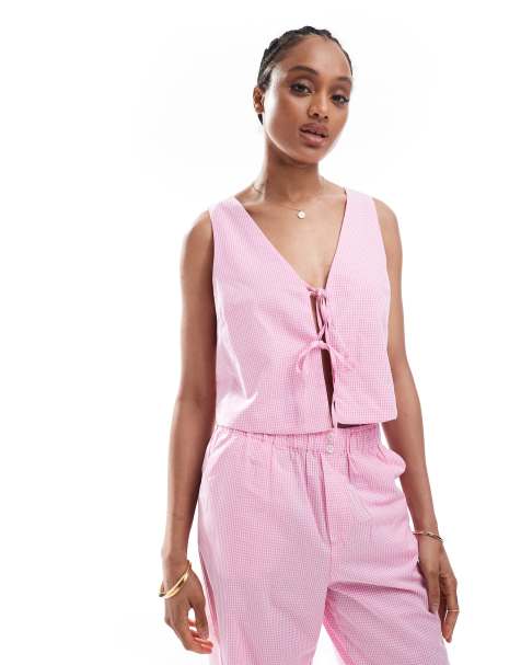 Top a cuadros vichy rosas con lazada delantera de ONLY Tall (parte de un conjunto) - view 1