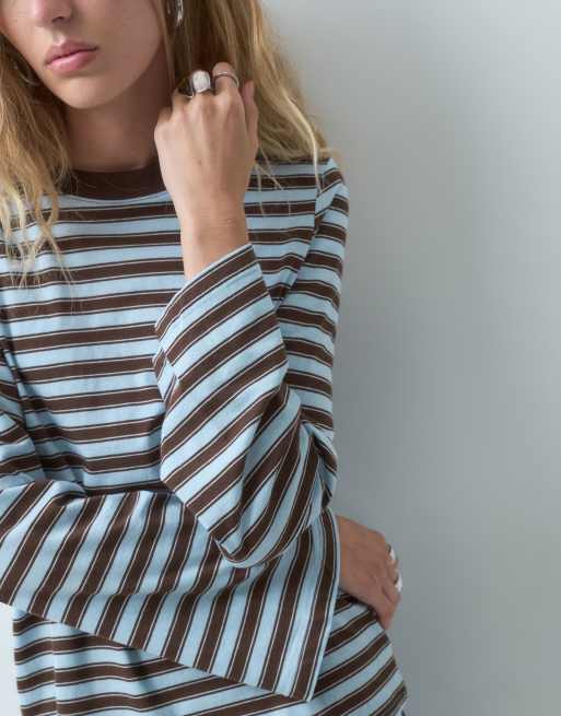 Top à manches larges à rayures marron et bleu clair, 2 de 4
