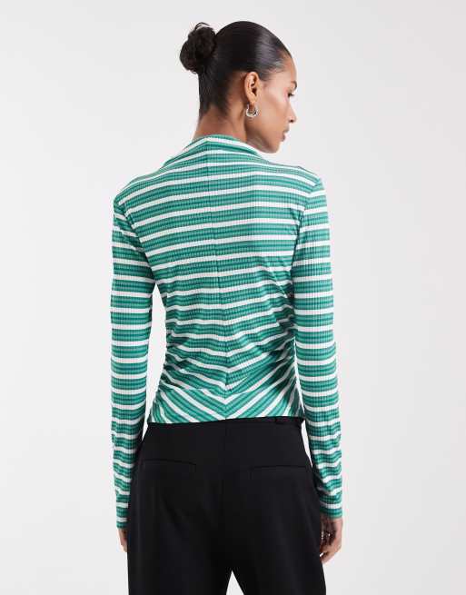Top a maniche lunghe accollato verde a righe con stampa di serpente bronzo, 4 di 4