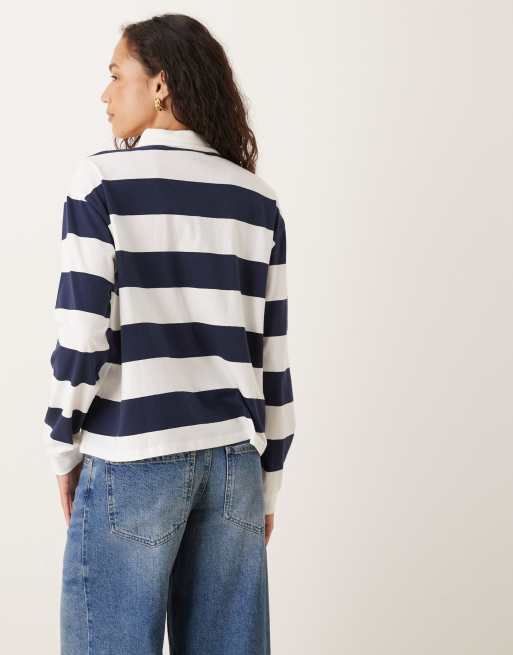 Top a rayas azul marino de estilo rugby de Brave Soul, 3 de 4