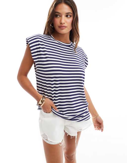 Top a rayas azul marino y blancas sin mangas con hombreras de ASOS DESIGN