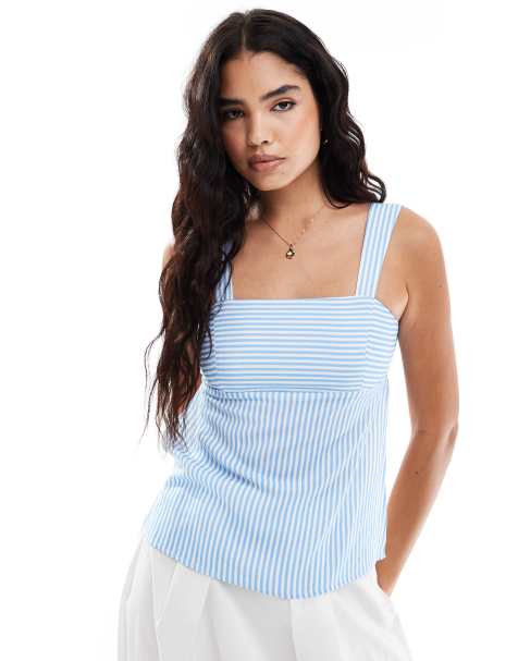 Top a rayas azules con escote cuadrado y diseño de paneles cosidos de popelina de ASOS DESIGN (parte de un conjunto) - view 1