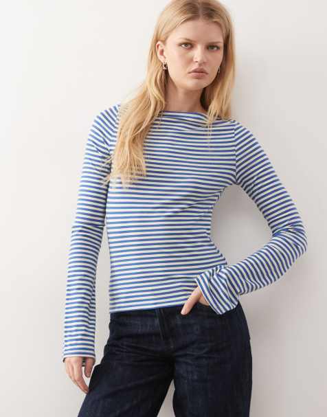 Top a rayas azules y amarillo crema de manga larga con cuello barco de tejido suave Annie exclusivo en ASOS de Weekday - view 1