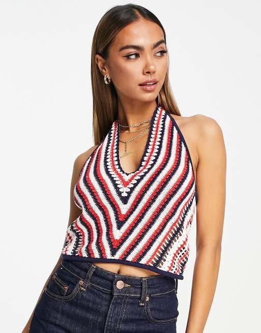 Top a rayas con cuello halter de croché de algodón de & Other Stories 