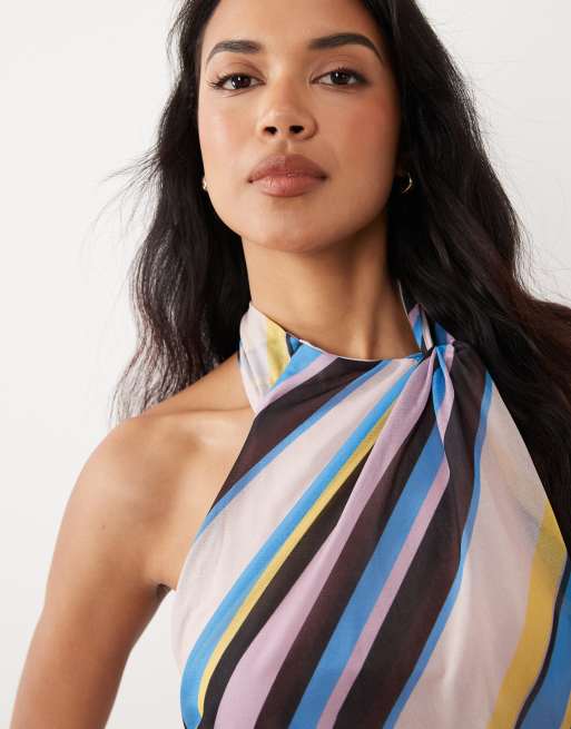 Top a rayas estampado con lazada al cuello de chifón elástico de ASOS DESIGN (parte de un conjunto) , 3 de 4