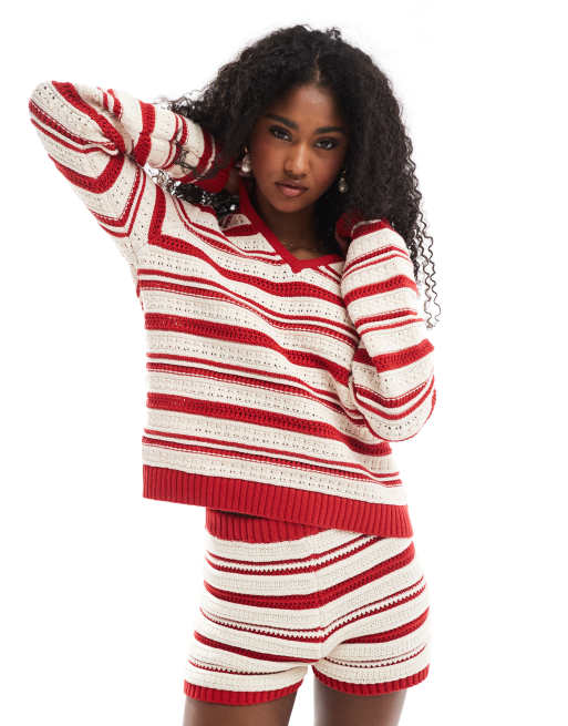 Top a rayas rojas con cuello tipo polo de tejido efecto croché de ASOS DESIGN