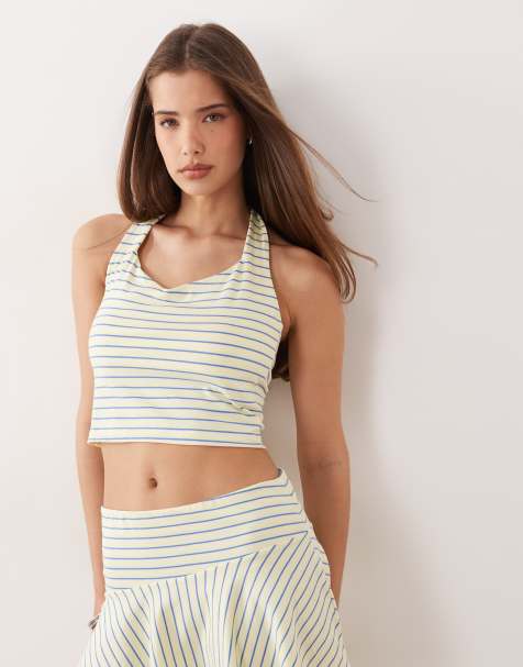 Top amarillo a rayas azules con cuello halter estilo corazón de punto liso exclusivo de The Frolic (parte de un conjunto) - view 1