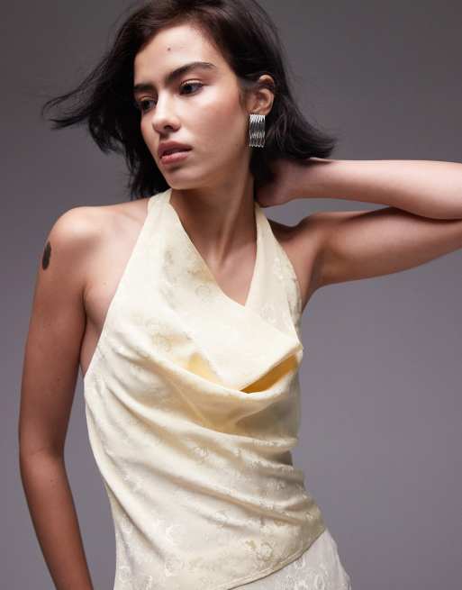 Top amarillo limón con cuello halter de jacquard de Topshop (parte de un conjunto)