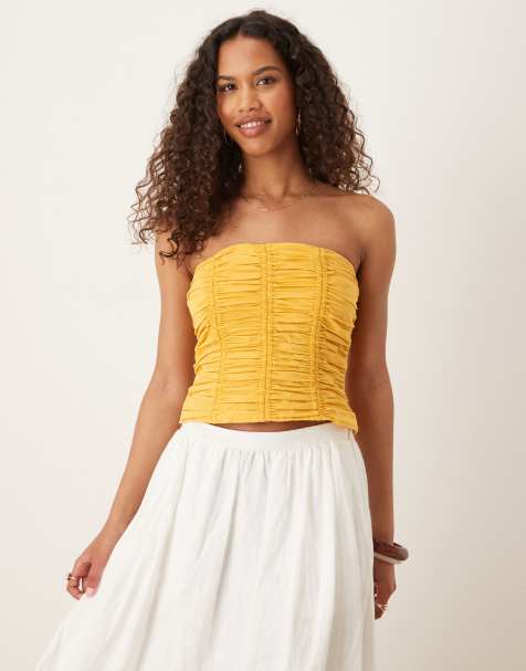 Top amarillo puesta de sol fruncido con escote palabra de honor de Mango - view 1