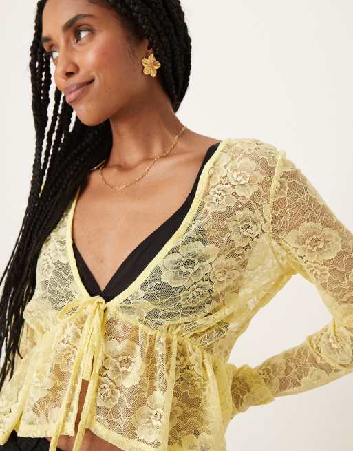 Top amarillo transparente vaporoso de manga larga de encaje de ASOS DESIGN, 2 de 4