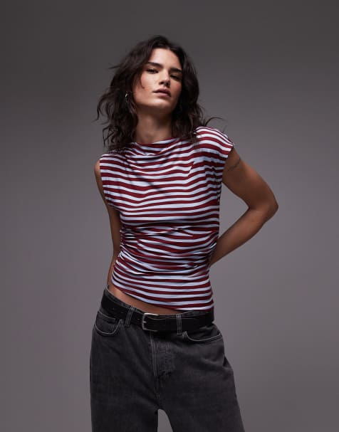 Top asimétrico a rayas azules y burdeos con cuello oblicuo de Topshop - view 1