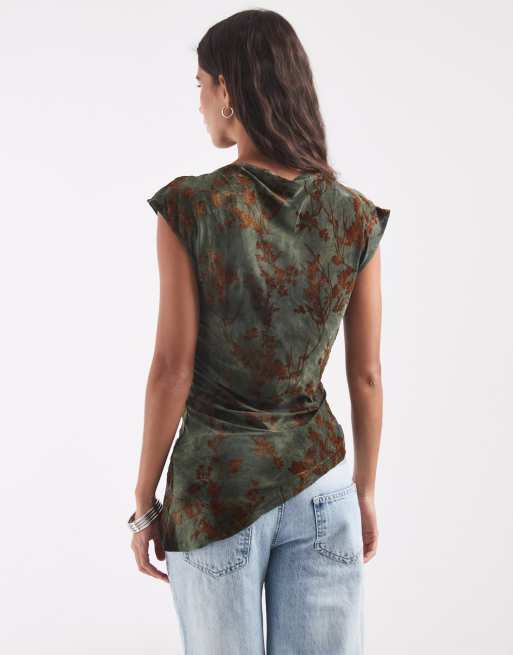 Top asimmetrico con stampa floreale verde scuro, 4 di 4