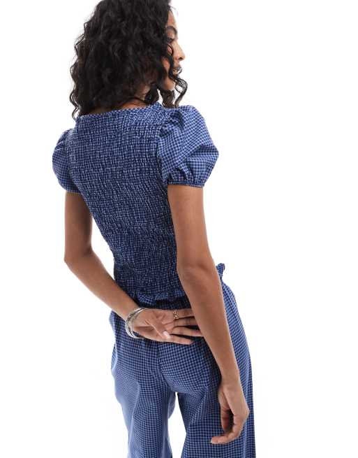 Top azul a cuadros fruncido de manga corta de ASOS DESIGN (parte de un conjunto), 4 de 4