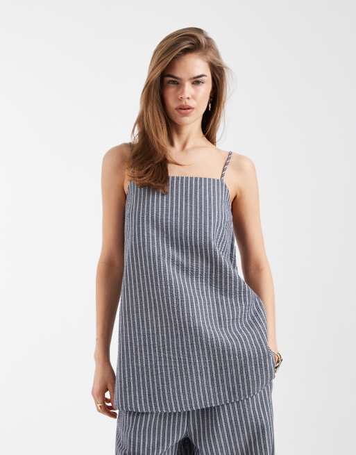 Top azul a rayas de tirantes con escote cuadrado y lazada en la espalda de Object (parte de un conjunto), 3 de 4