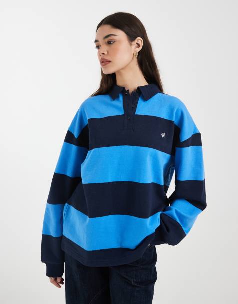 Top azul a rayas extragrande estilo polo de rugby con logo bordado de algodón de 4th & Reckless - view 1