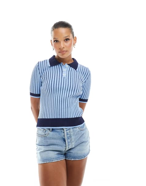 Top azul a rayas plisado con cuello tipo polo de punto de ASOS DESIGN - view 1