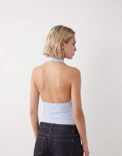 Top azul claro con cuello halter drapeado y detalle de cintura entallada de Weekday, 4 de 4