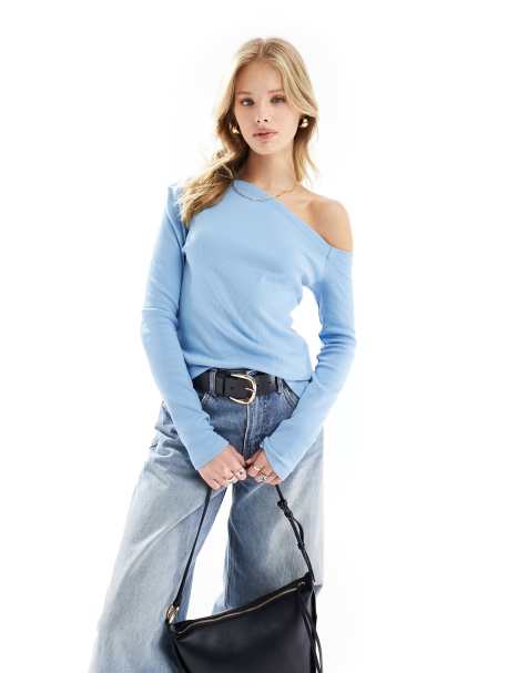 Top azul claro de manga larga con cuello asimétrico de punto de Vero Moda - view 1