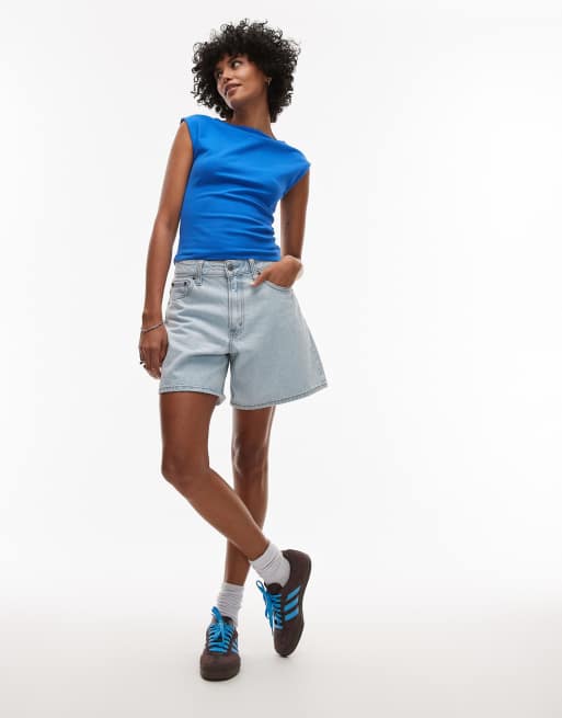 Top azul cobalto con cuello barco alto de punto liso de Topshop, 2 de 4