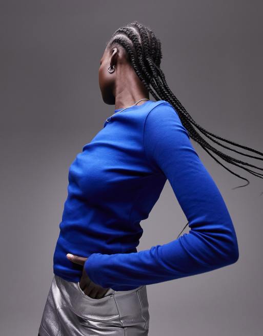 Top azul cobalto de manga larga y corte slim de Topshop Tall