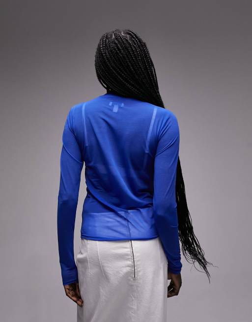 Top azul cobalto liso de manga larga con cuello alto de malla de Topshop, 2 de 4