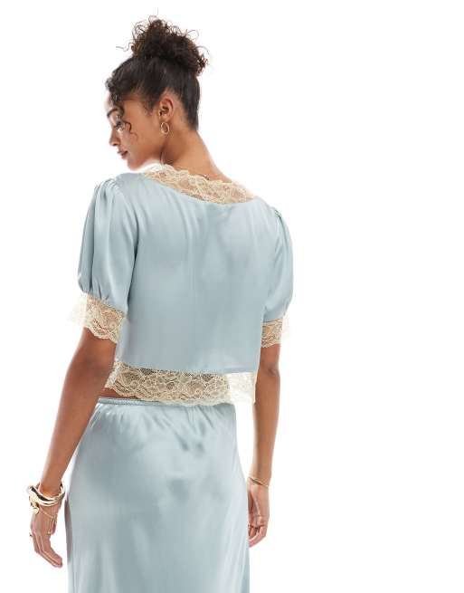 Top azul con lazada en la parte delantera de satén y encaje de ASOS DESIGN (parte de un conjunto), 3 de 4