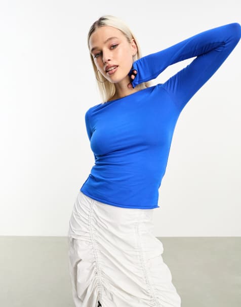 Top azul de manga larga con cuello barco de Weekday - view 1