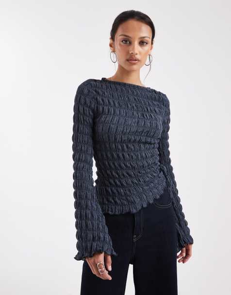 Top azul de manga larga con lavado ácido, cuello barco y cordón ajustable en el lateral de tejido texturizado de ASOS DESIGN - view 1