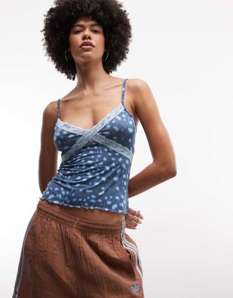 Top azul de tirantes con estampado animal y ribete de encaje de Reclaimed Vintage - view 1