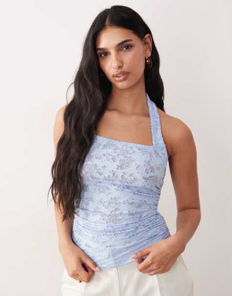 Top azul fruncido con cuello halter de devoré de ASOS DESIGN - view 1